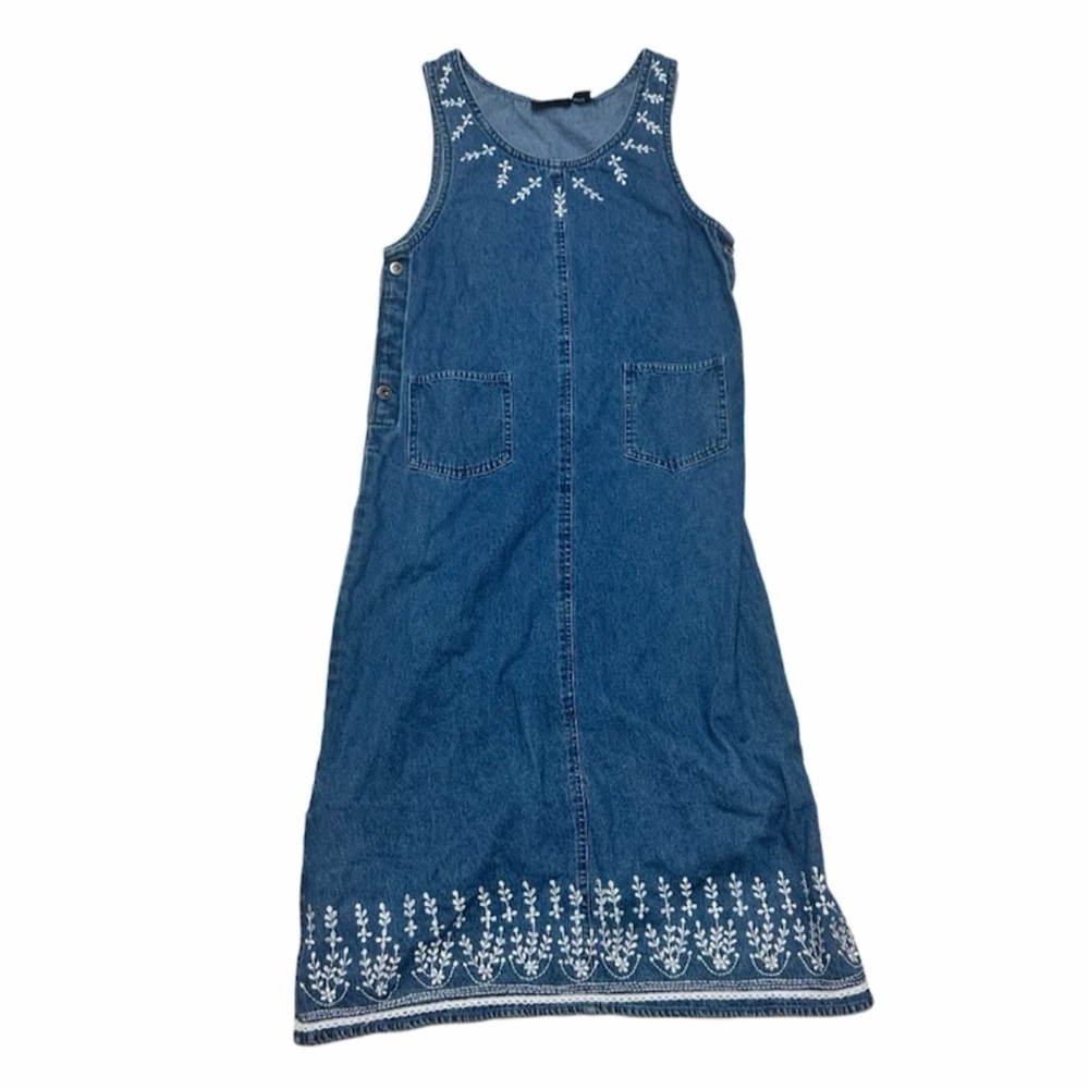 VTG 90s Y2K Agapo Embroidered Floral Flowers Denim Maxi Dress Size M